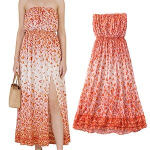 Poupette St Barth Mara Butterfly Maxi Dress Pink Orange Strapless Size L